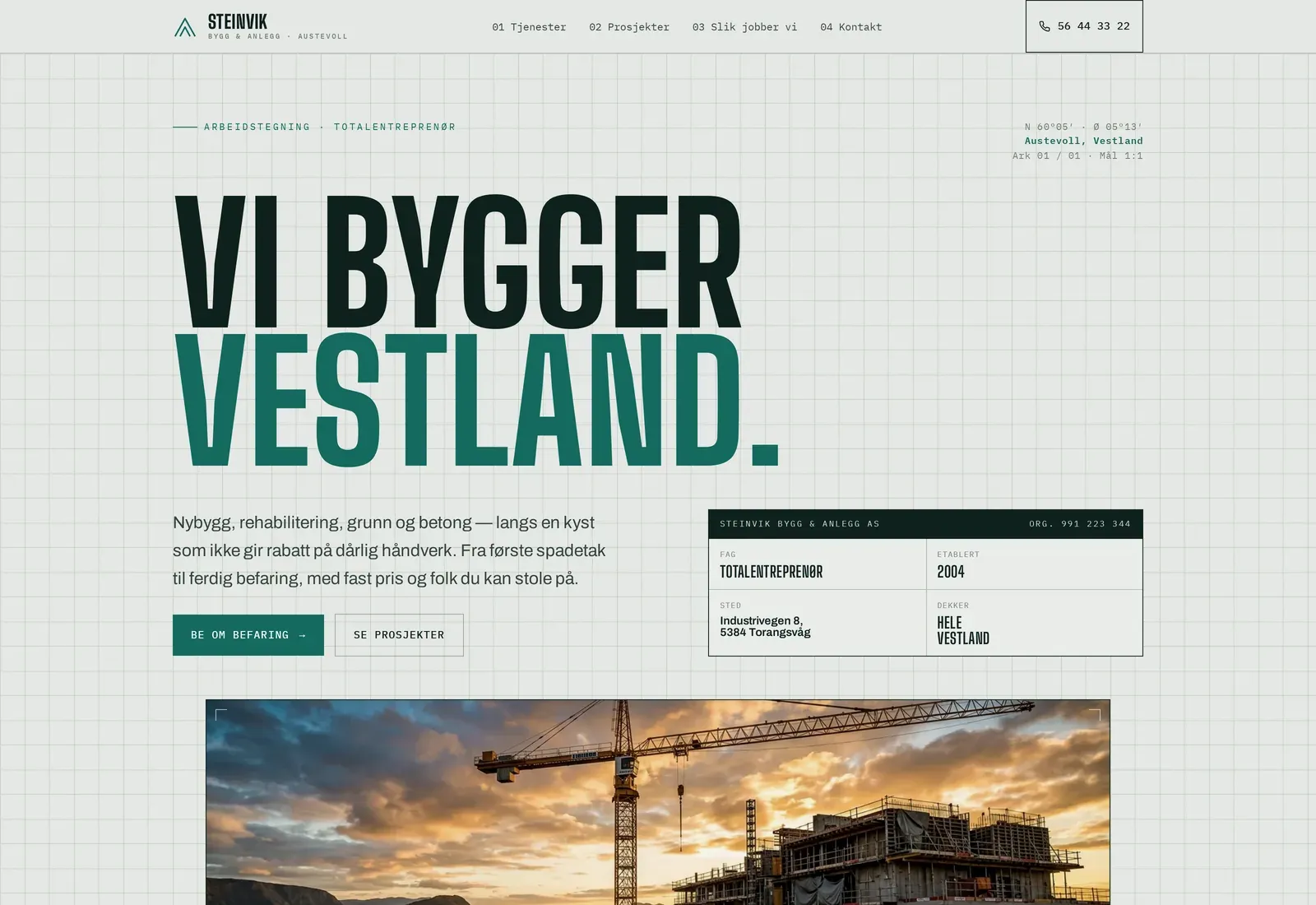 Skjermbilde av nettsiden til Steinvik Bygg & Anlegg AS, bygg og anlegg
