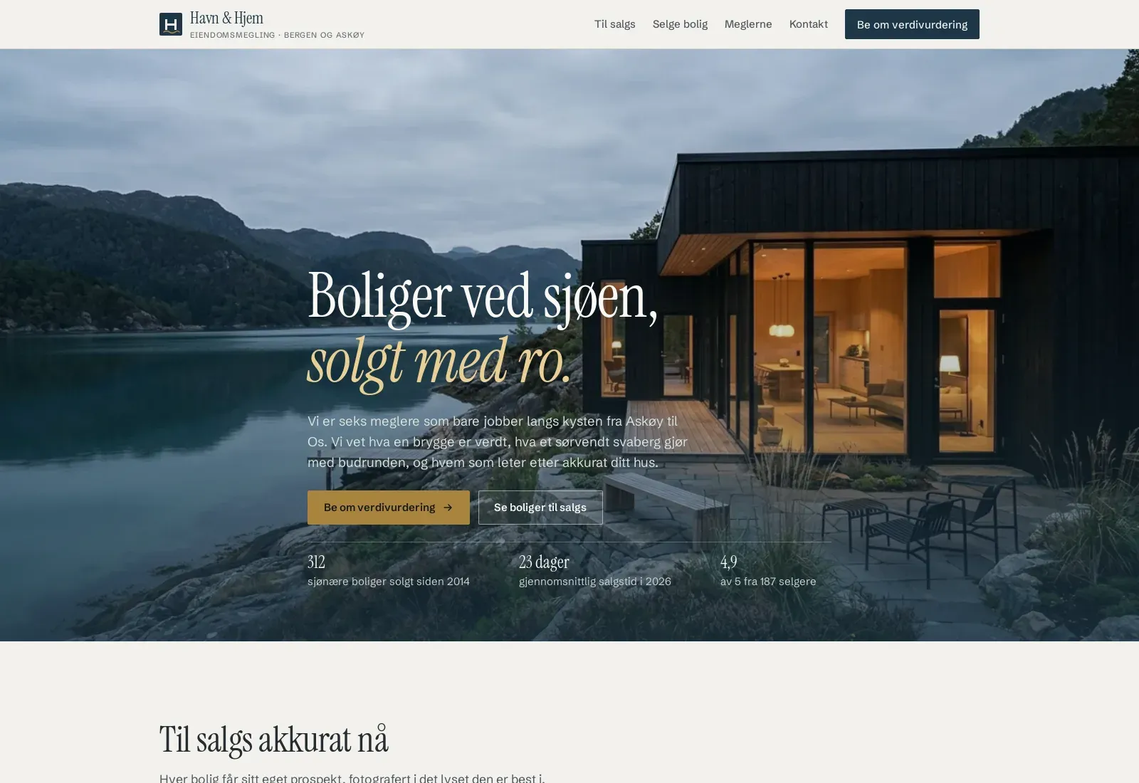 Havn & Hjem eiendomsmegling, nettside jeg har bygget, vist på en bærbar PC