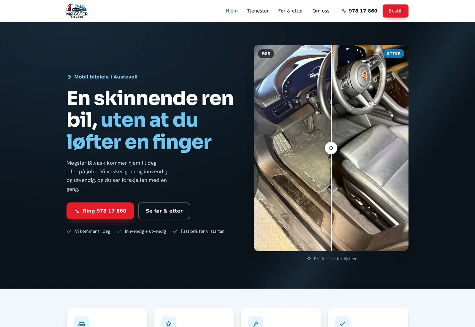 Skjermbilde av nettsiden til Møgster Bilvask, bilpleie
